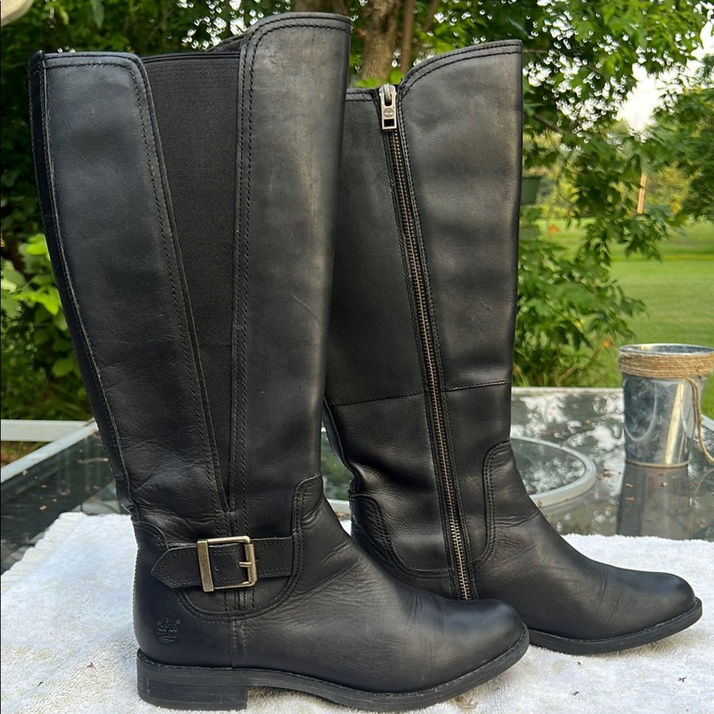 Timberland A124T Black Women's Leather Tall Riding Low Heel Side Zip Boots sz 7